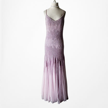 Vintage Y2K Pastel Purple V-Neck Beaded Bodycon Maxi Prom Dress Size M/L