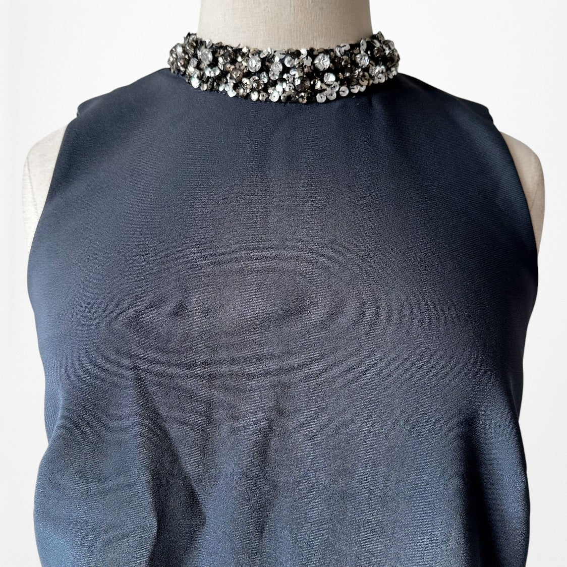 Vintage Y2K Navy Blue Sequin Embellished Collar Knee Length Shift Dress Size M