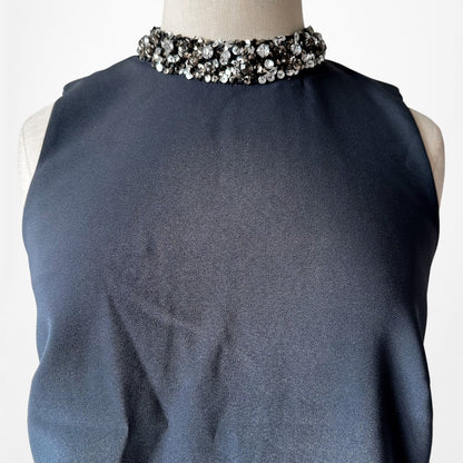 Vintage Y2K Navy Blue Sequin Embellished Collar Knee Length Shift Dress Size M