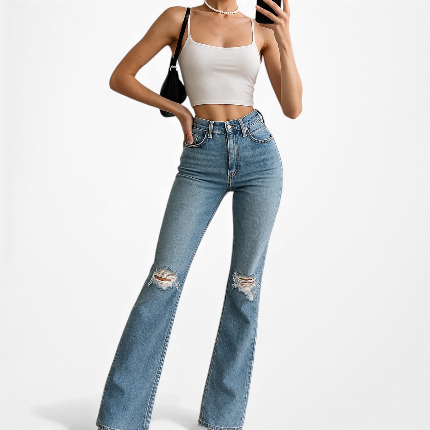 Blue Medium Wash Distressed Destroyed Ripped Knees Flared Jeans Size XS/S