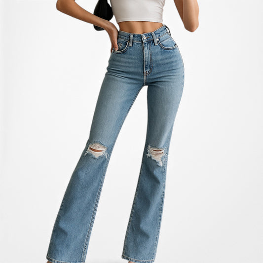 Blue Medium Wash Distressed Destroyed Ripped Knees Flared Jeans Size XS/S