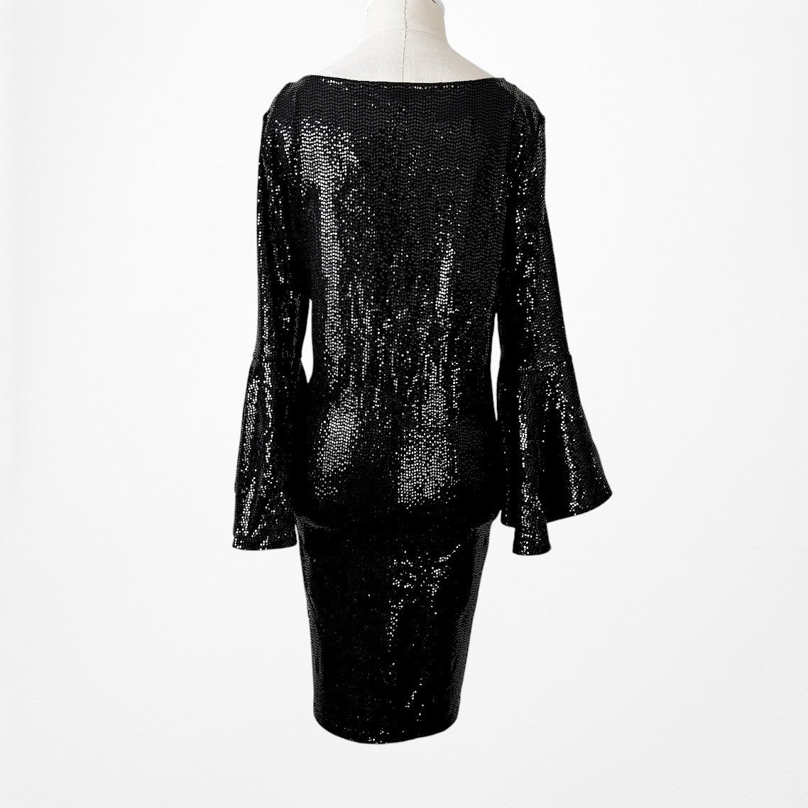 Vintage Y2K Black Sequin Long Flutter Bell Sleeve Knee Length Shift Dress Size M