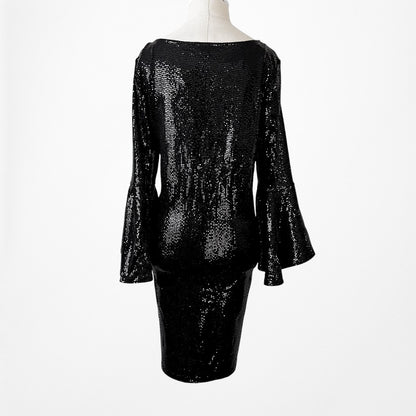Vintage Y2K Black Sequin Long Flutter Bell Sleeve Knee Length Shift Dress Size M