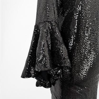 Vintage Y2K Black Sequin Long Flutter Bell Sleeve Knee Length Shift Dress Size M