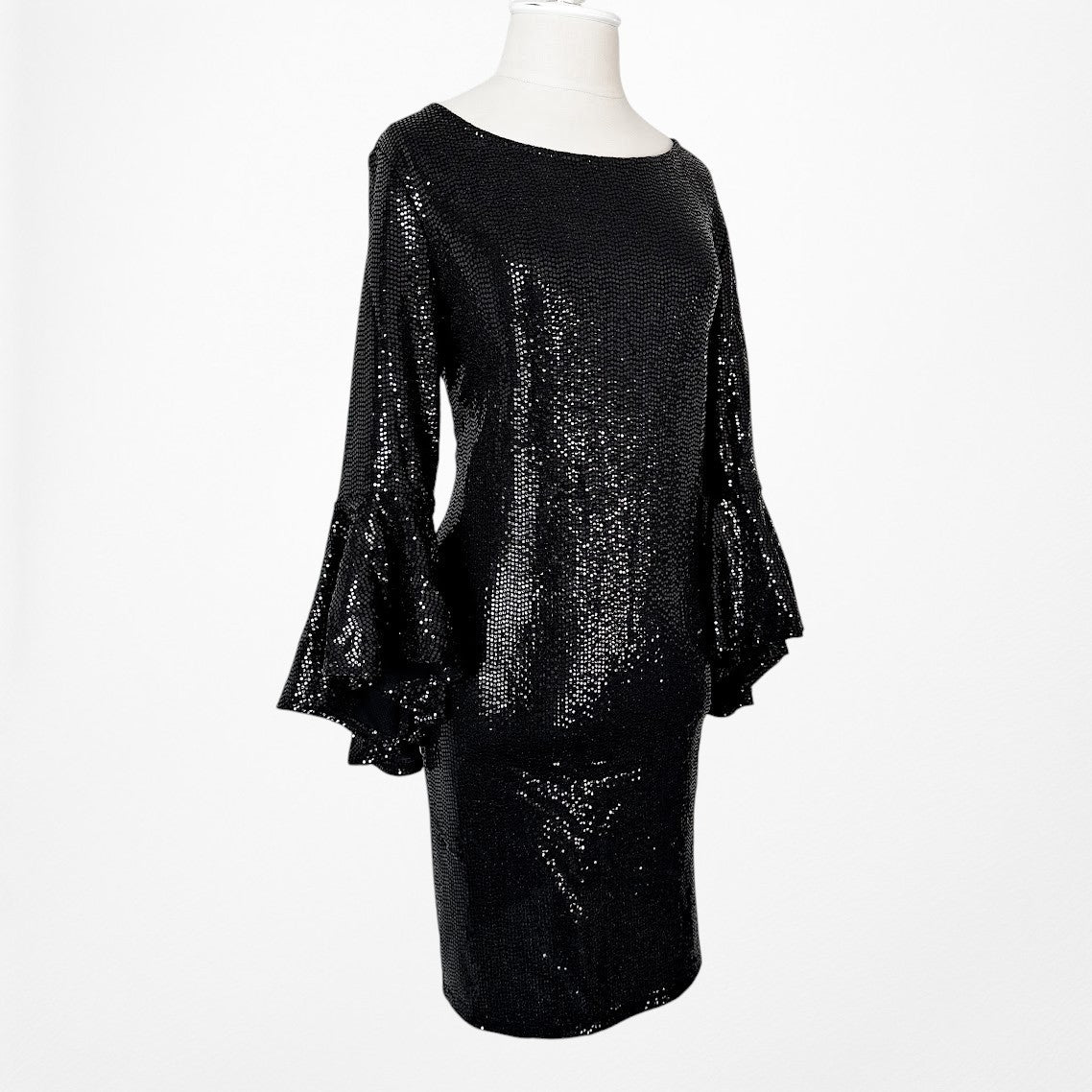 Vintage Y2K Black Sequin Long Flutter Bell Sleeve Knee Length Shift Dress Size M