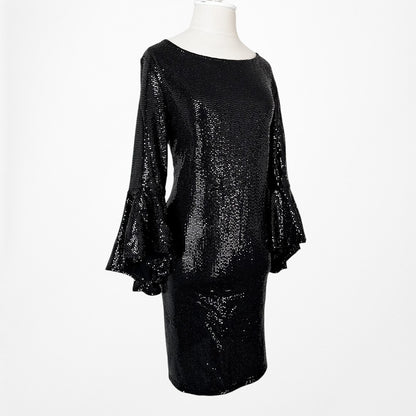 Vintage Y2K Black Sequin Long Flutter Bell Sleeve Knee Length Shift Dress Size M