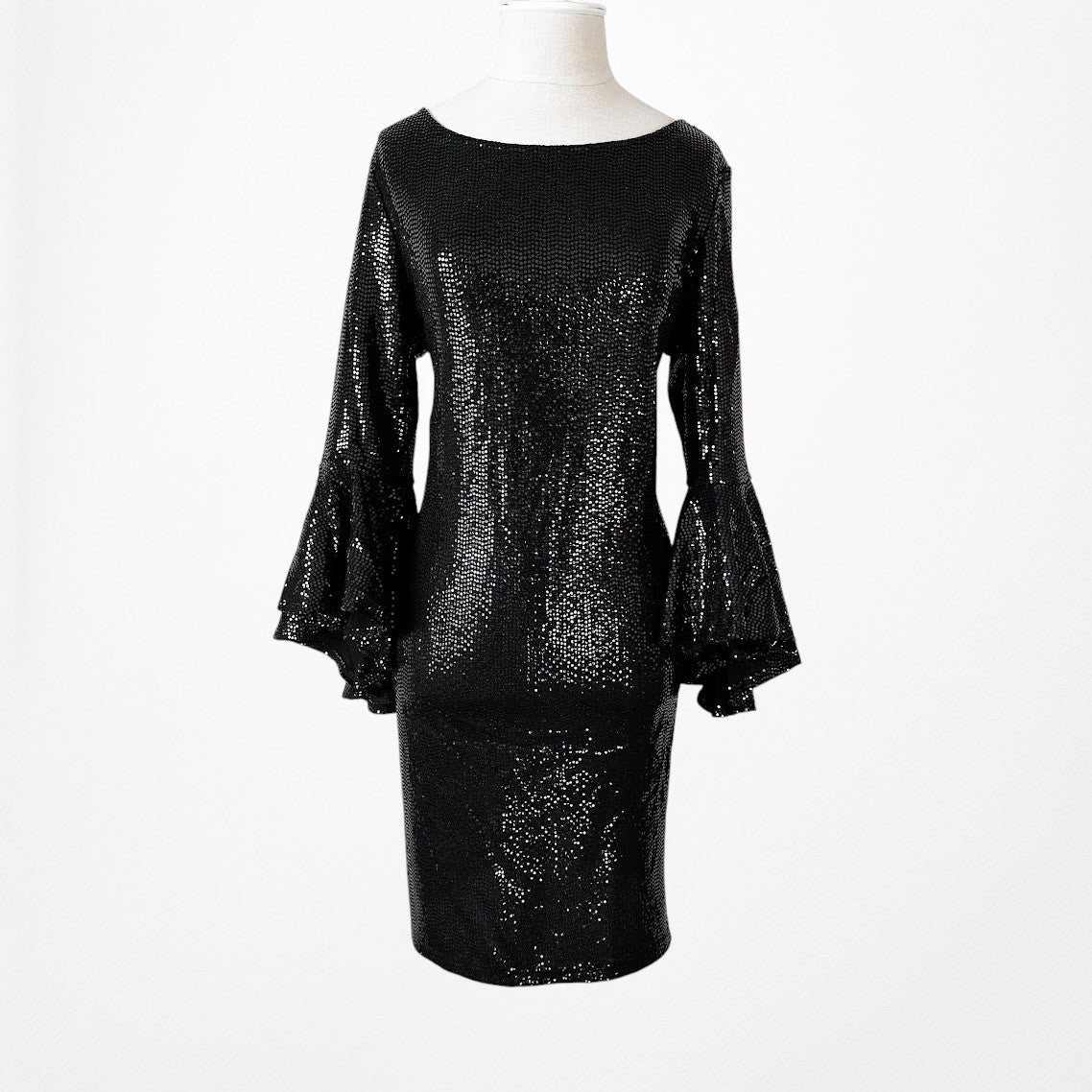 Vintage Y2K Black Sequin Long Flutter Bell Sleeve Knee Length Shift Dress Size M