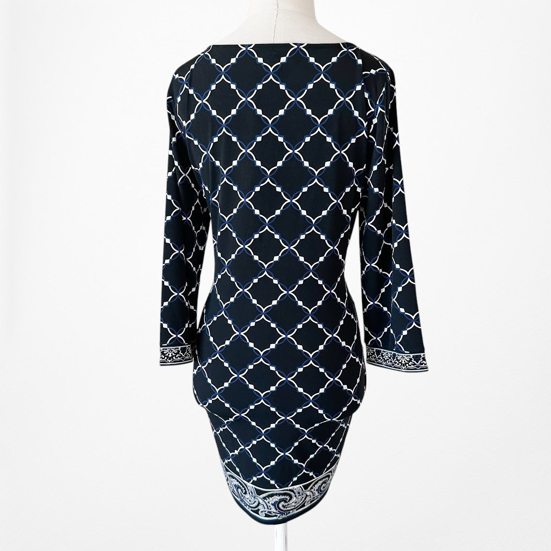 Vintage Y2K Black Long Sleeve Printed Knee Length Knit Shift Dress Size M/L