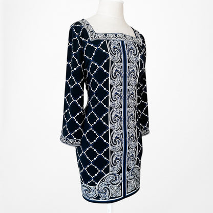 Vintage Y2K Black Long Sleeve Printed Knee Length Knit Shift Dress Size M/L