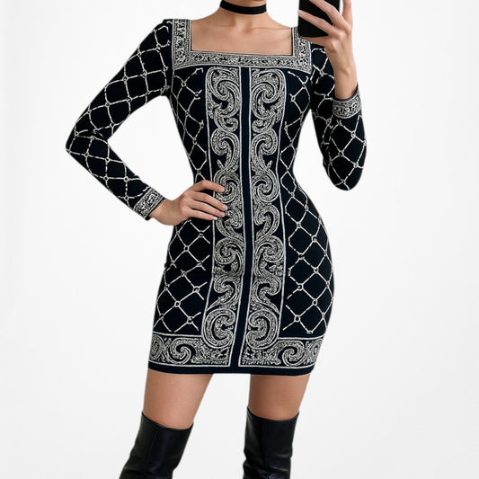 Vintage Y2K Black Long Sleeve Printed Knee Length Knit Shift Dress Size M/L