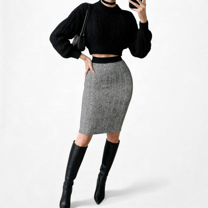 Vintage Y2K Black White Gray Knit Knee Length Bodycon Pencil Skirt Size M