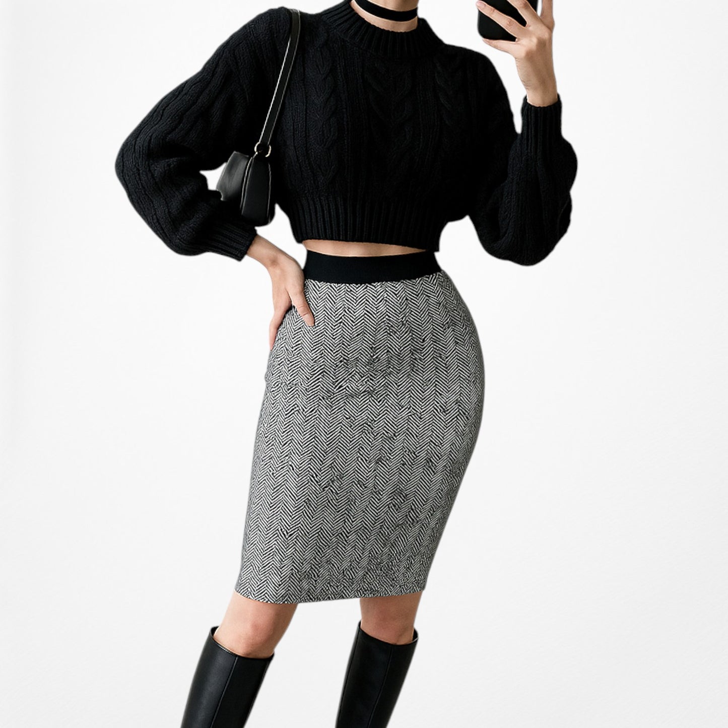 Vintage Y2K Black White Gray Knit Knee Length Bodycon Pencil Skirt Size M