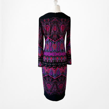 Vintage Y2K Black Purple Long Sleeve Knit Bodycon Tribal Print Dress Size M