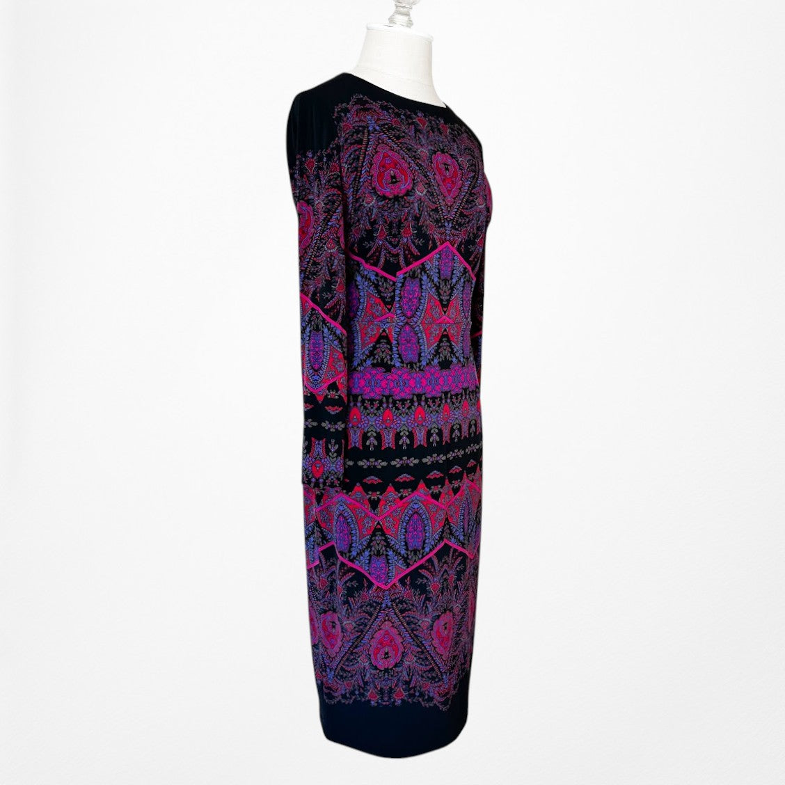 Vintage Y2K Black Purple Long Sleeve Knit Bodycon Tribal Print Dress Size M