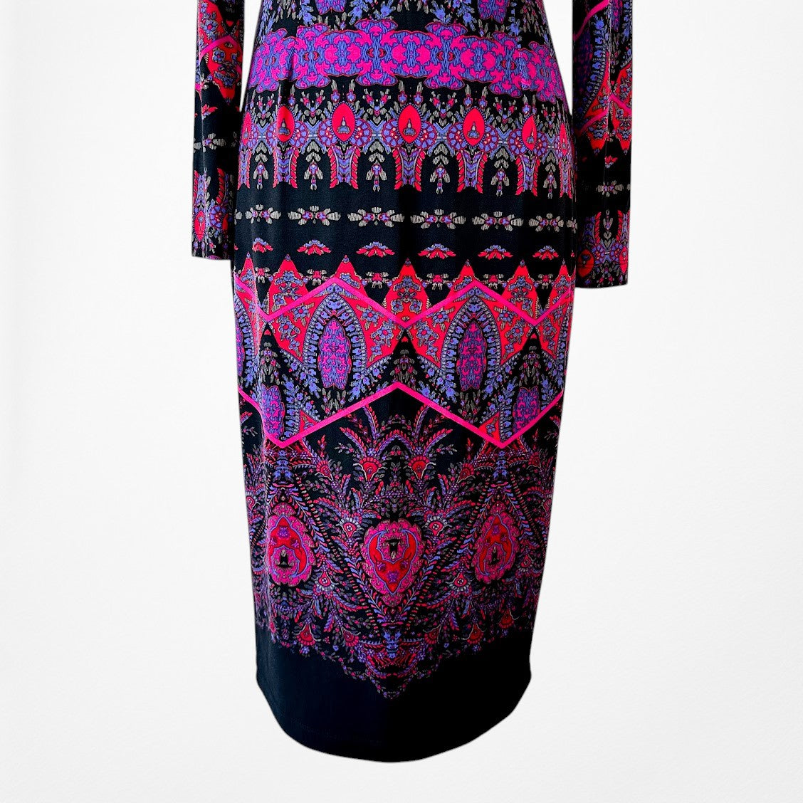 Vintage Y2K Black Purple Long Sleeve Knit Bodycon Tribal Print Dress Size M