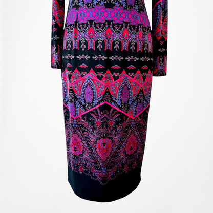 Vintage Y2K Black Purple Long Sleeve Knit Bodycon Tribal Print Dress Size M