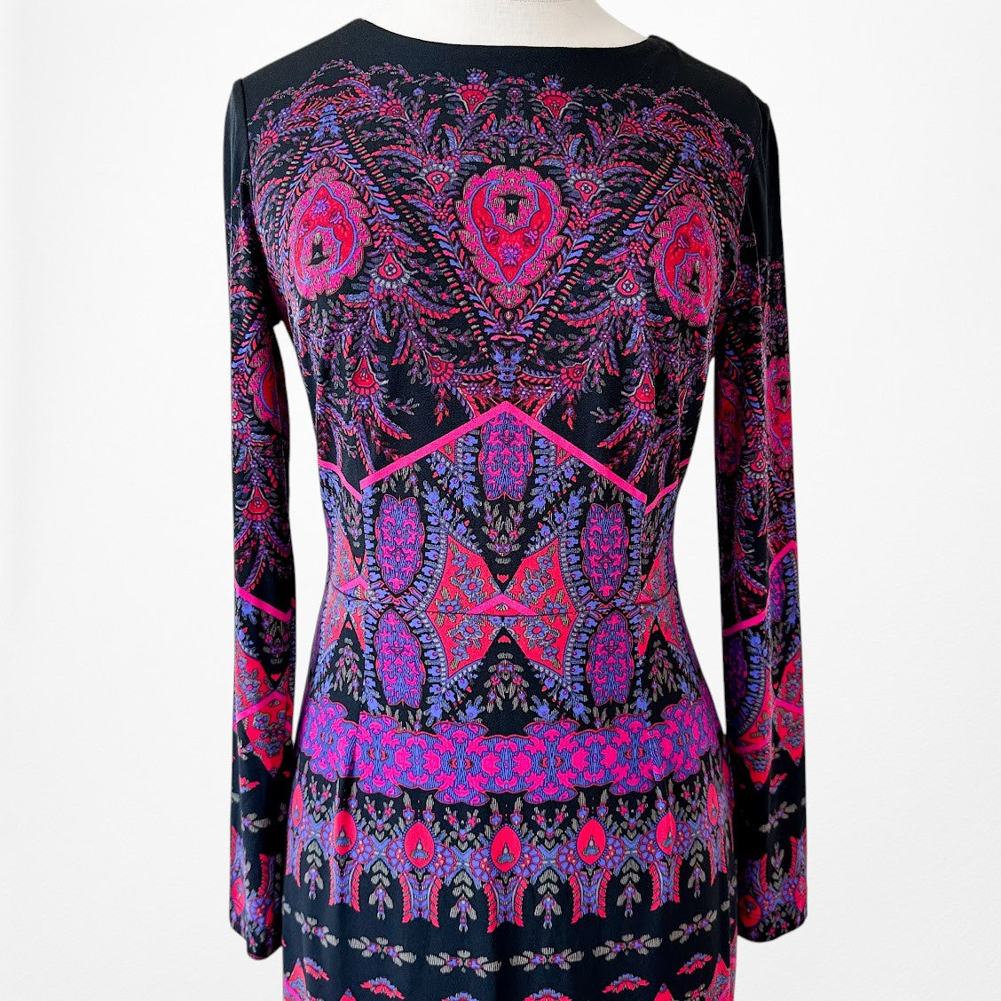 Vintage Y2K Black Purple Long Sleeve Knit Bodycon Tribal Print Dress Size M