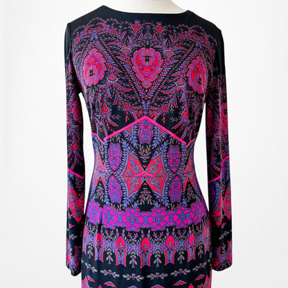 Vintage Y2K Black Purple Long Sleeve Knit Bodycon Tribal Print Dress Size M