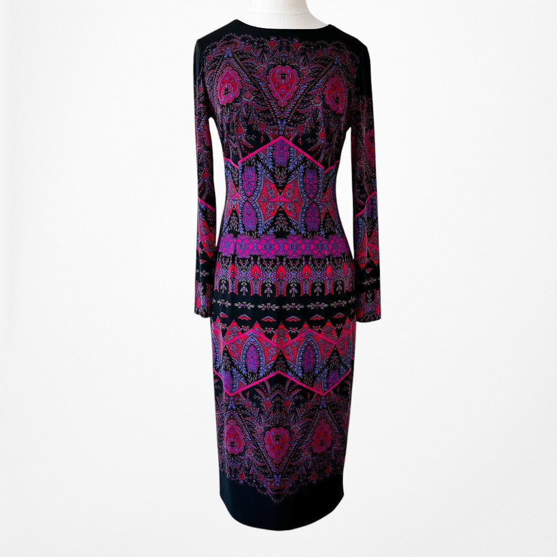 Vintage Y2K Black Purple Long Sleeve Knit Bodycon Tribal Print Dress Size M