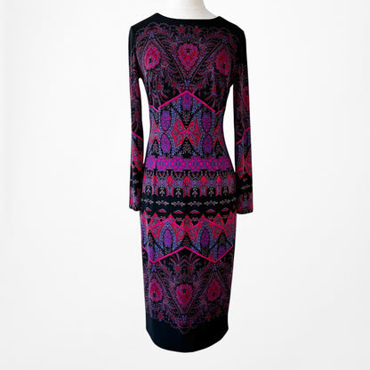 Vintage Y2K Black Purple Long Sleeve Knit Bodycon Tribal Print Dress Size M