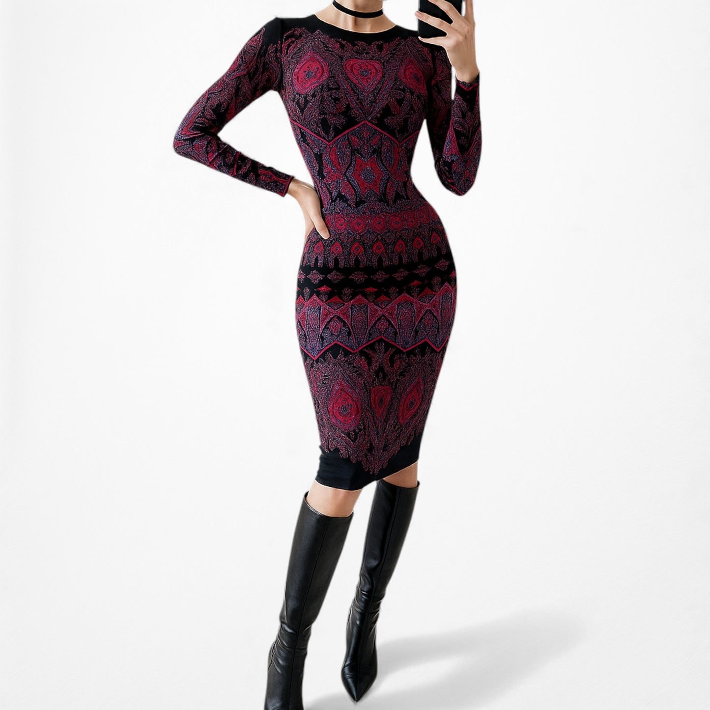 Vintage Y2K Black Purple Long Sleeve Knit Bodycon Tribal Print Dress Size M