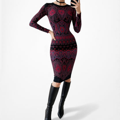 Vintage Y2K Black Purple Long Sleeve Knit Bodycon Tribal Print Dress Size M