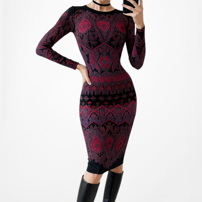 Vintage Y2K Black Purple Long Sleeve Knit Bodycon Tribal Print Dress Size M