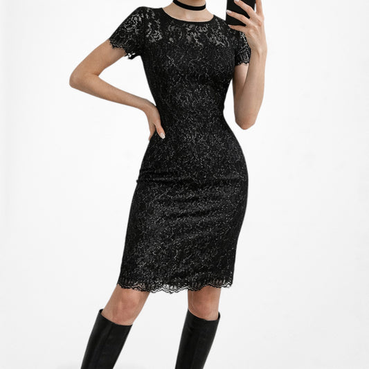 Vintage Y2K Black Knee Length Bodycon Lace Short Sleeve Cocktail Dress Size 6/M