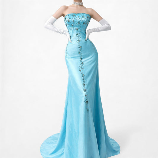 Vintage Y2K Pastel Blue Strapless Floral Beaded Satin Maxi Prom Dress Size S