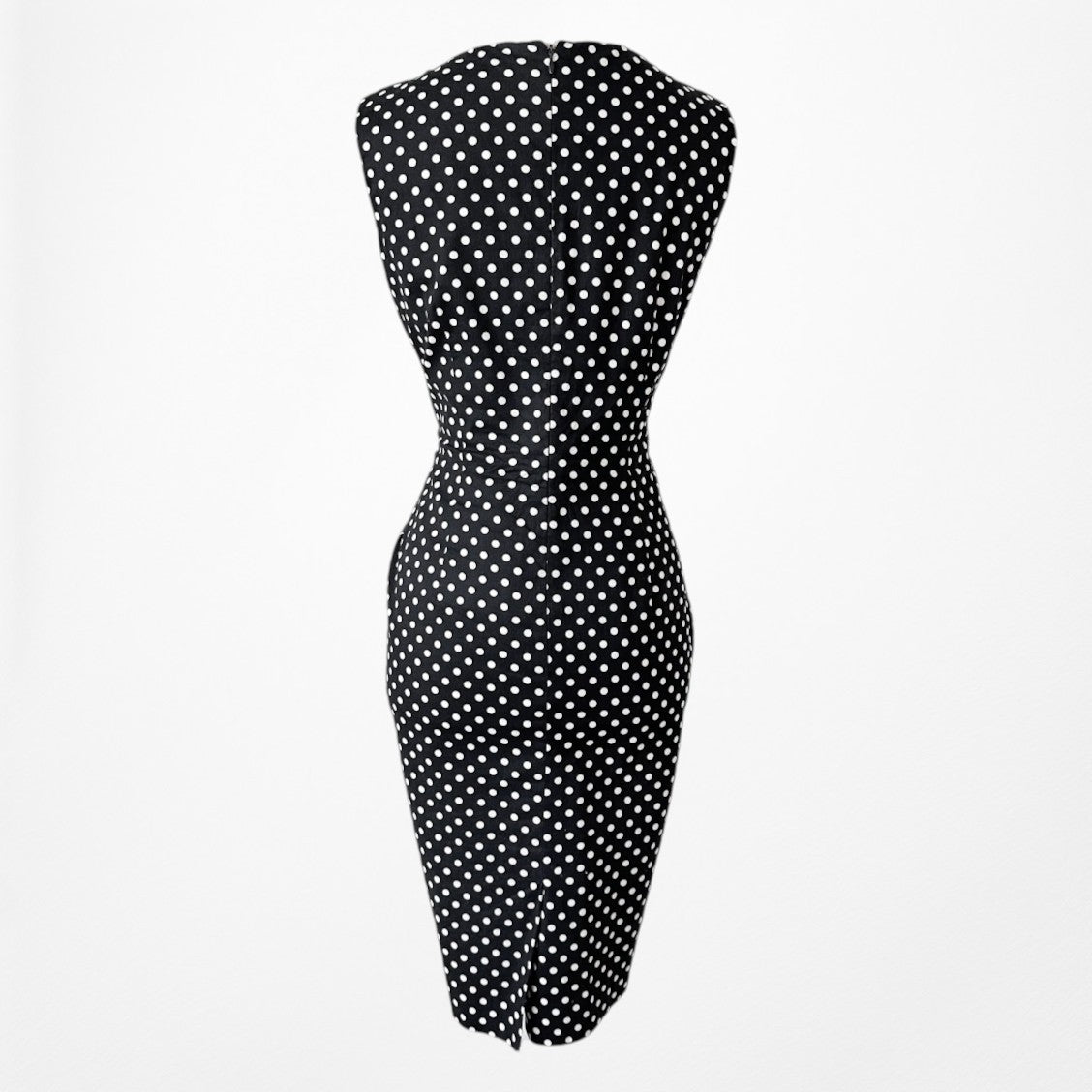 Vintage Y2K Black Polka Dot Knee Length Bodycon Sleeveless Cocktail Dress Size M