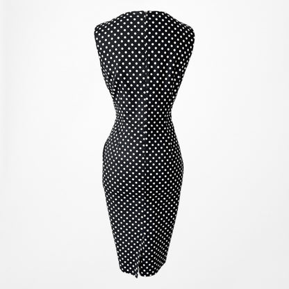 Vintage Y2K Black Polka Dot Knee Length Bodycon Sleeveless Cocktail Dress Size M