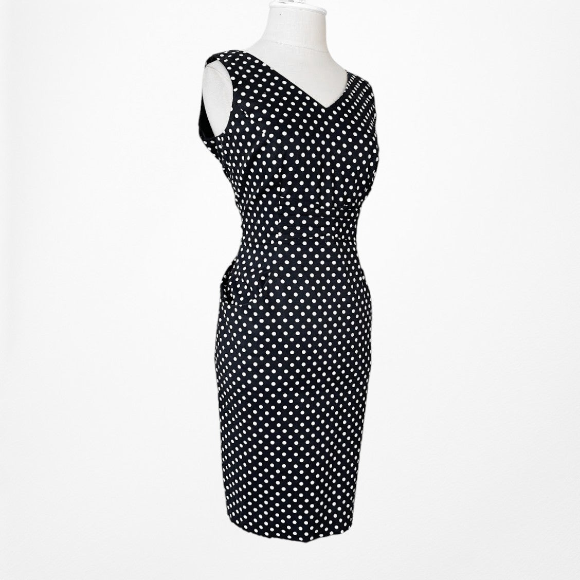 Vintage Y2K Black Polka Dot Knee Length Bodycon Sleeveless Cocktail Dress Size M