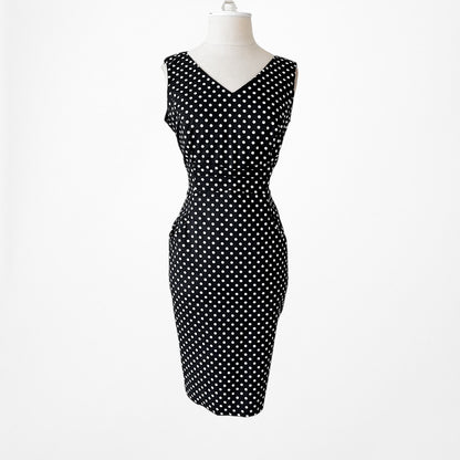 Vintage Y2K Black Polka Dot Knee Length Bodycon Sleeveless Cocktail Dress Size M