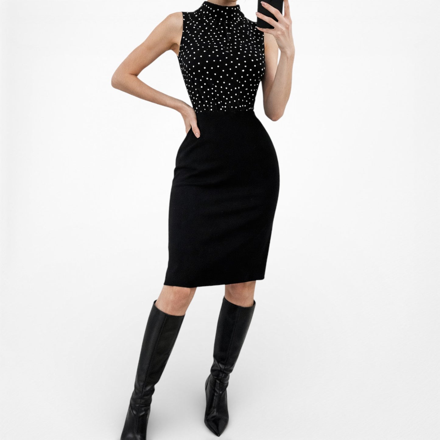 Vintage Y2K Black White Polka Dot Knee Length Sleeveless Bodycon Dress Size 4/M