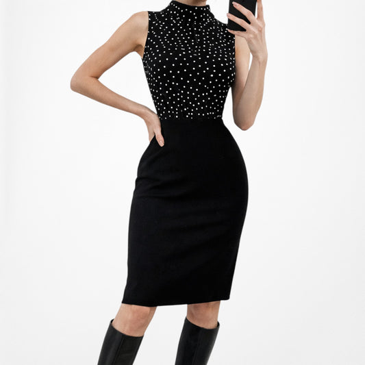 Vintage Y2K Black White Polka Dot Knee Length Sleeveless Bodycon Dress Size 4/M