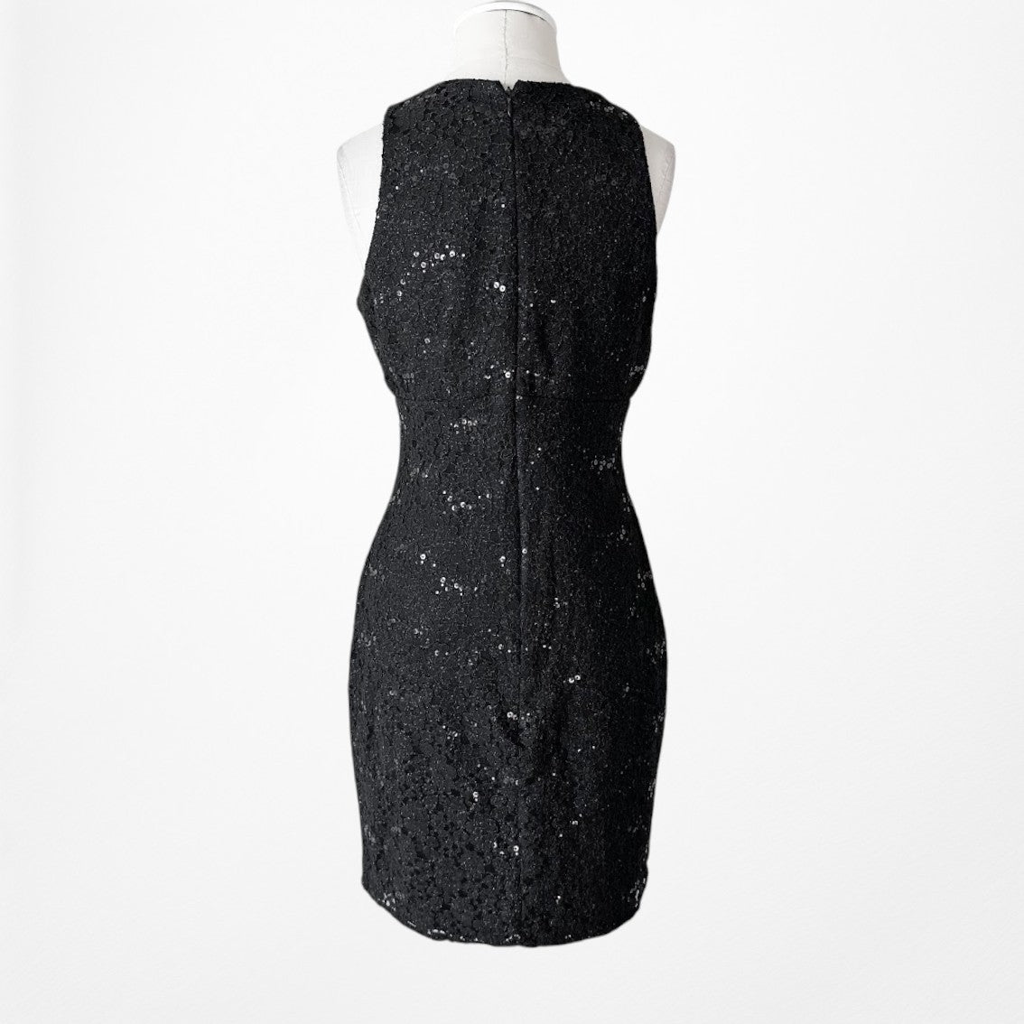 Vintage Y2K Black Mesh Front Sequin Knee Length Bodycon Lace Dress Size M