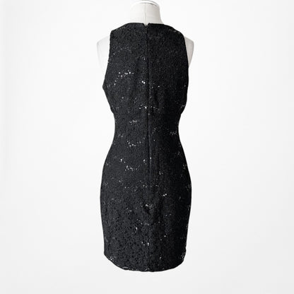 Vintage Y2K Black Mesh Front Sequin Knee Length Bodycon Lace Dress Size M