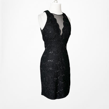 Vintage Y2K Black Mesh Front Sequin Knee Length Bodycon Lace Dress Size M