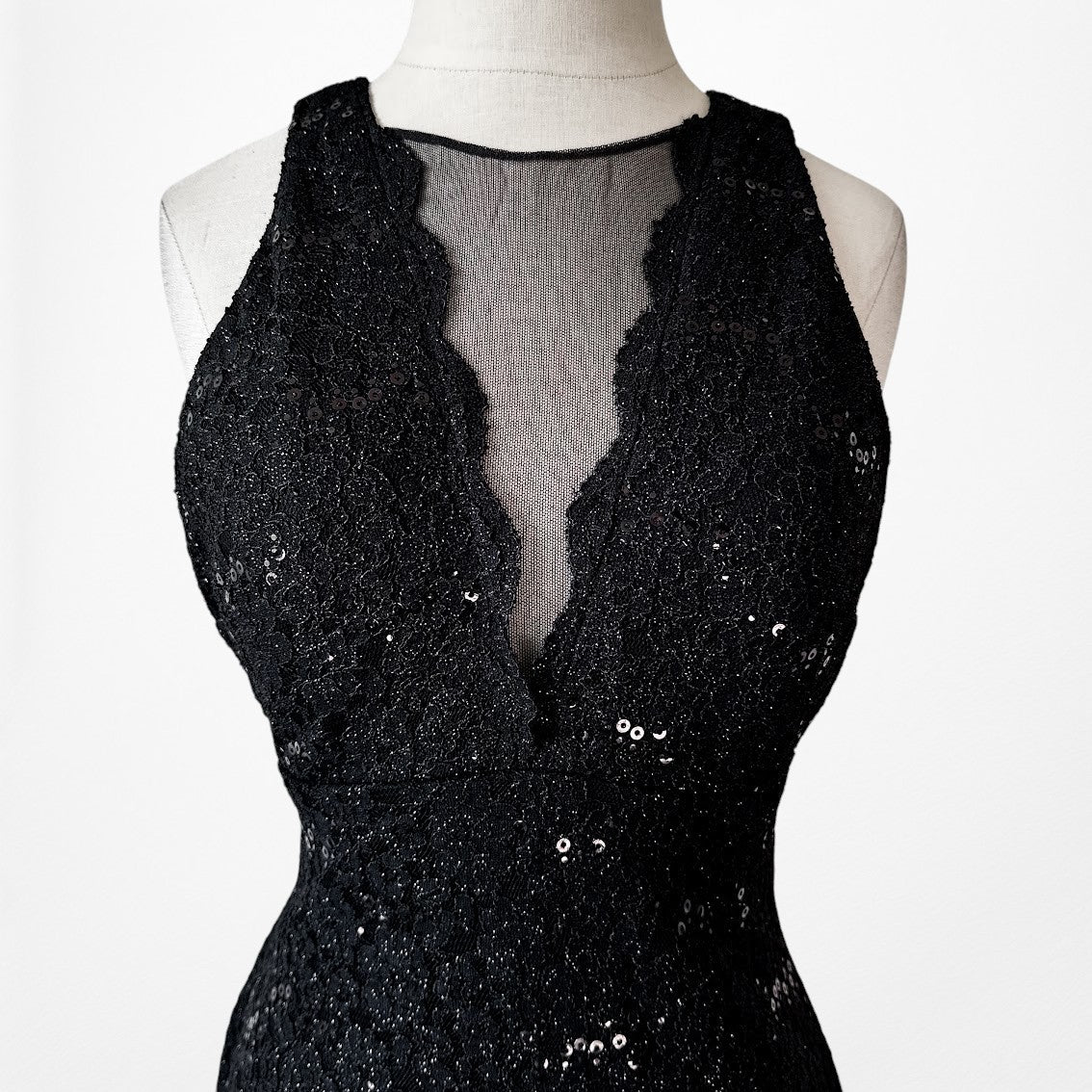 Vintage Y2K Black Mesh Front Sequin Knee Length Bodycon Lace Dress Size M