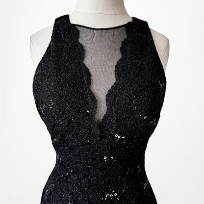 Vintage Y2K Black Mesh Front Sequin Knee Length Bodycon Lace Dress Size M