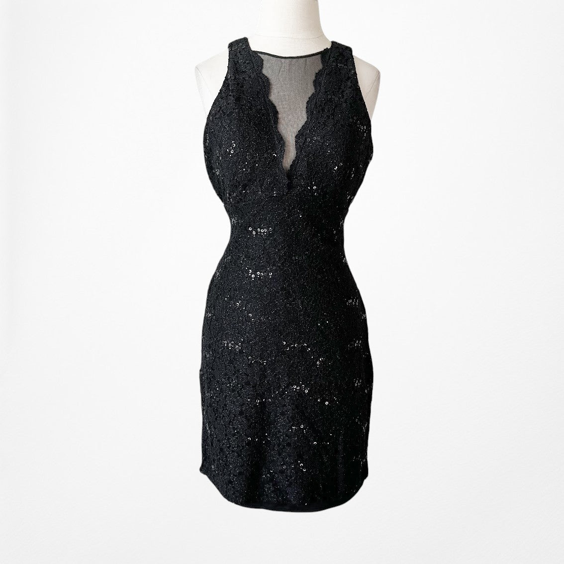 Vintage Y2K Black Mesh Front Sequin Knee Length Bodycon Lace Dress Size M