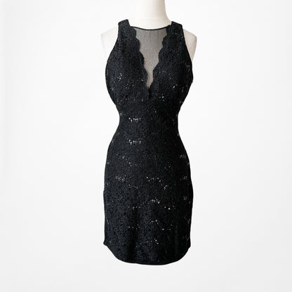 Vintage Y2K Black Mesh Front Sequin Knee Length Bodycon Lace Dress Size M
