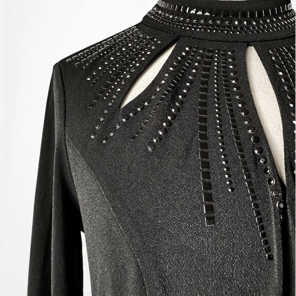 Vintage Y2K Black Long Sleeve Knit Cutout Embellished Knee Length Dress Size M