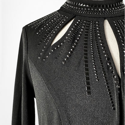 Vintage Y2K Black Long Sleeve Knit Cutout Embellished Knee Length Dress Size M