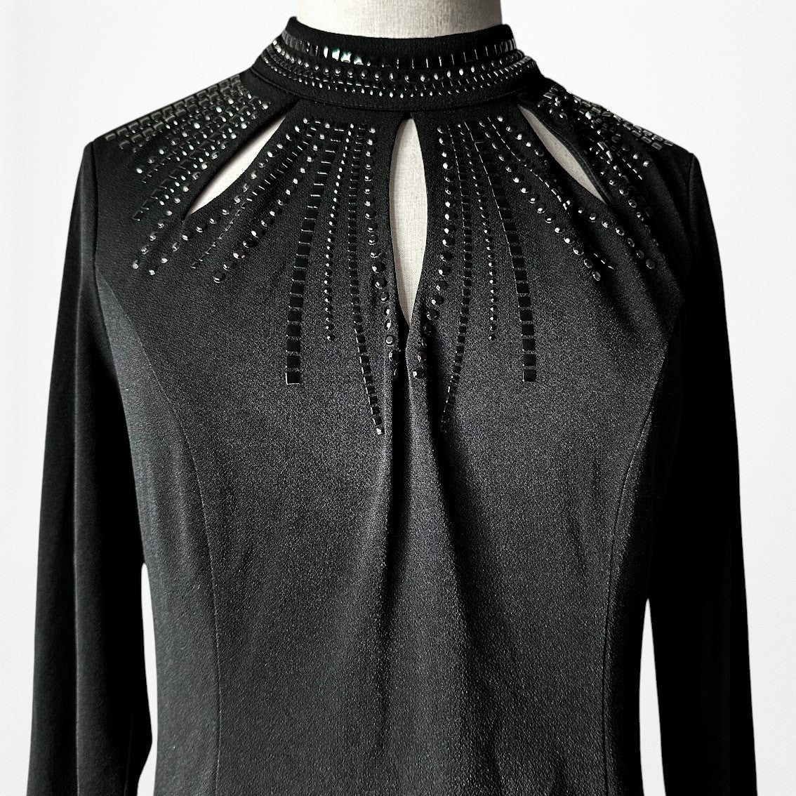 Vintage Y2K Black Long Sleeve Knit Cutout Embellished Knee Length Dress Size M