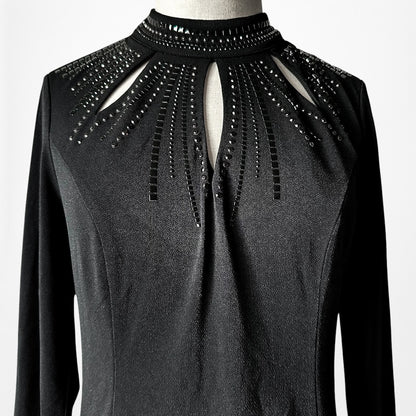 Vintage Y2K Black Long Sleeve Knit Cutout Embellished Knee Length Dress Size M