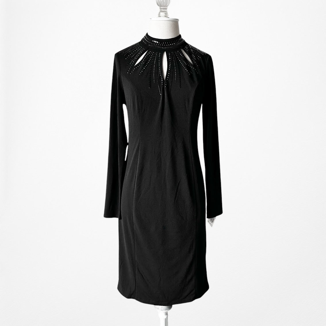 Vintage Y2K Black Long Sleeve Knit Cutout Embellished Knee Length Dress Size M