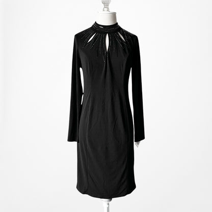 Vintage Y2K Black Long Sleeve Knit Cutout Embellished Knee Length Dress Size M