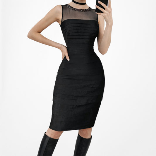 Vintage Y2K Black Sleeveless Mesh Rhinestone Knee Length Bodycon Dress Size M