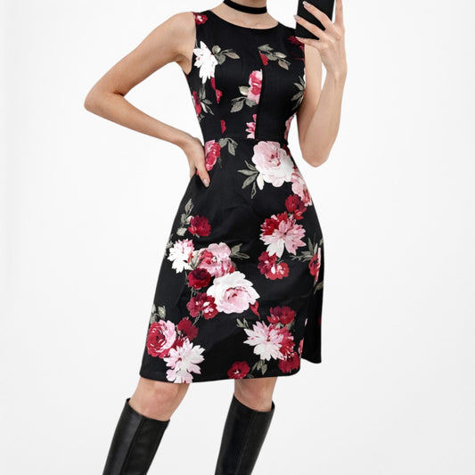 Vintage Y2K Black Sleeveless Floral Knit Knee Length Fit Flared Dress Size M